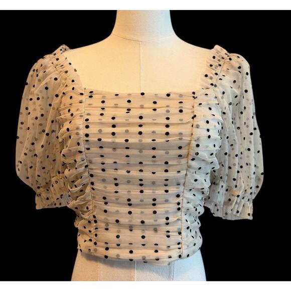 H&M Polka Dot Top Womens 6 Sheer Mesh Ruched Puff Sleeve Beige Milkmaid Coquette - Picture 1 of 10